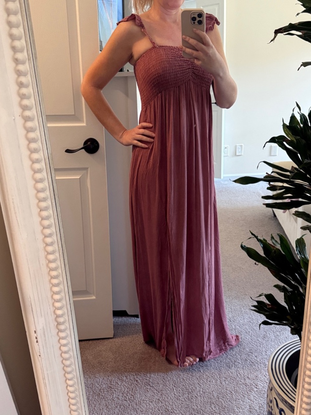 Smocked Shoulder-Tie Maxi Dress in Mauve
